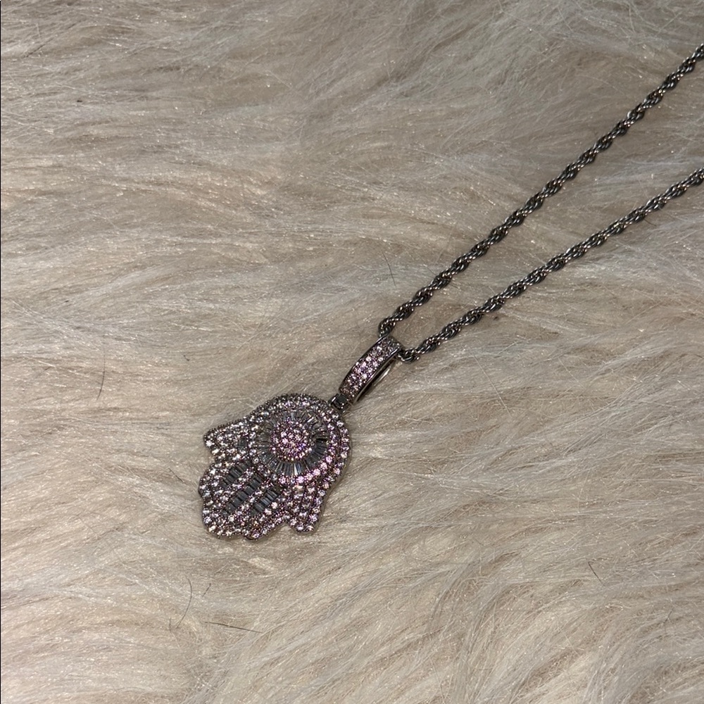 Diamond Silver Hamsa Pendant Necklace